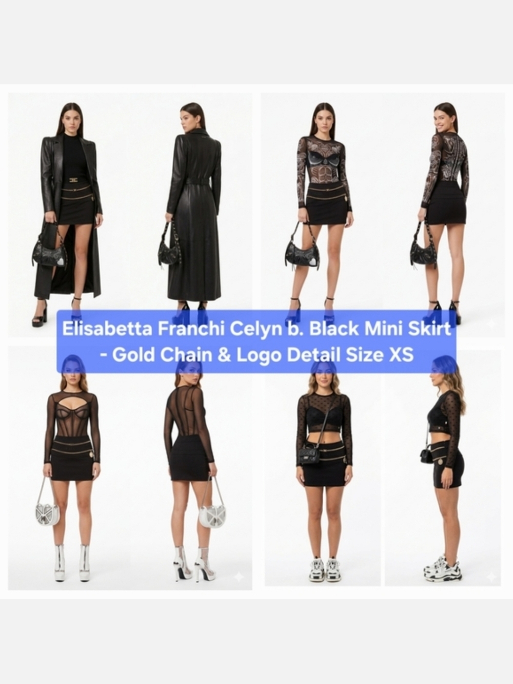 Elisabetta Franchi Celyn b. Black Mini Skirt - Gold Chain & Logo Detail Size XS
